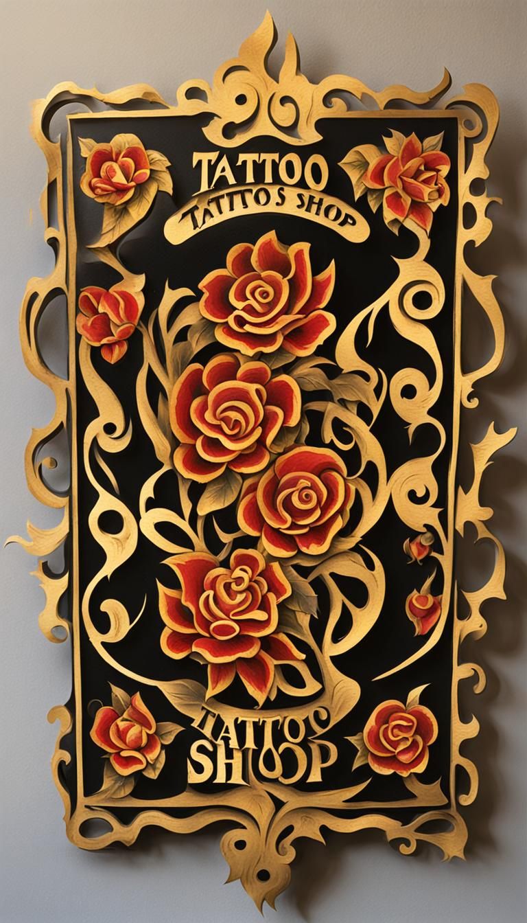 carved and painted wooden ((tattoo shop)) sign. gold leaf. r...