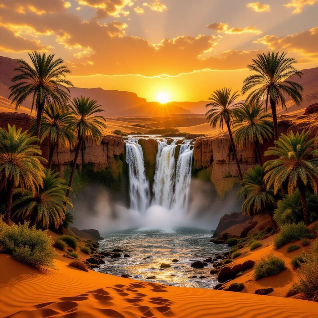Desert Waterfall Sunset: Hyperrealistic Photography