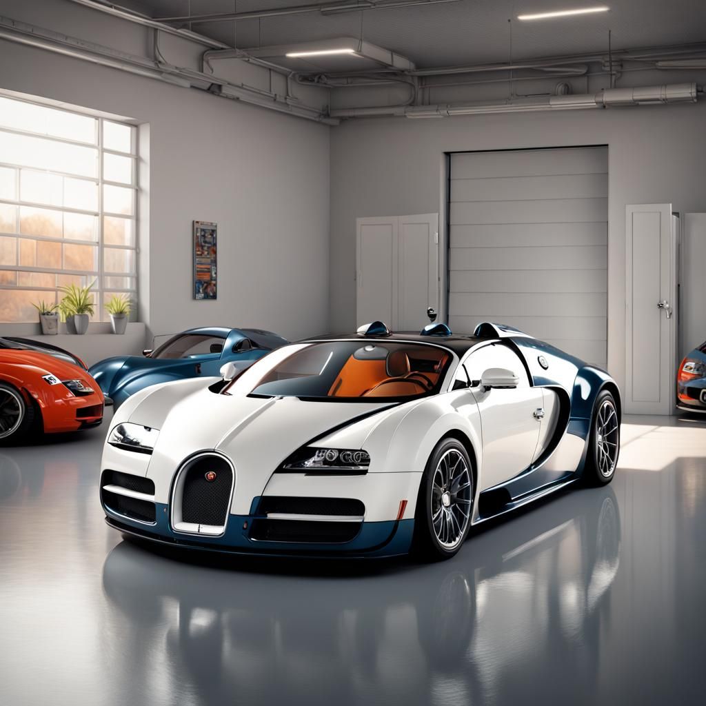 A mate grey Bugatti Veyron inside a white modern garage only