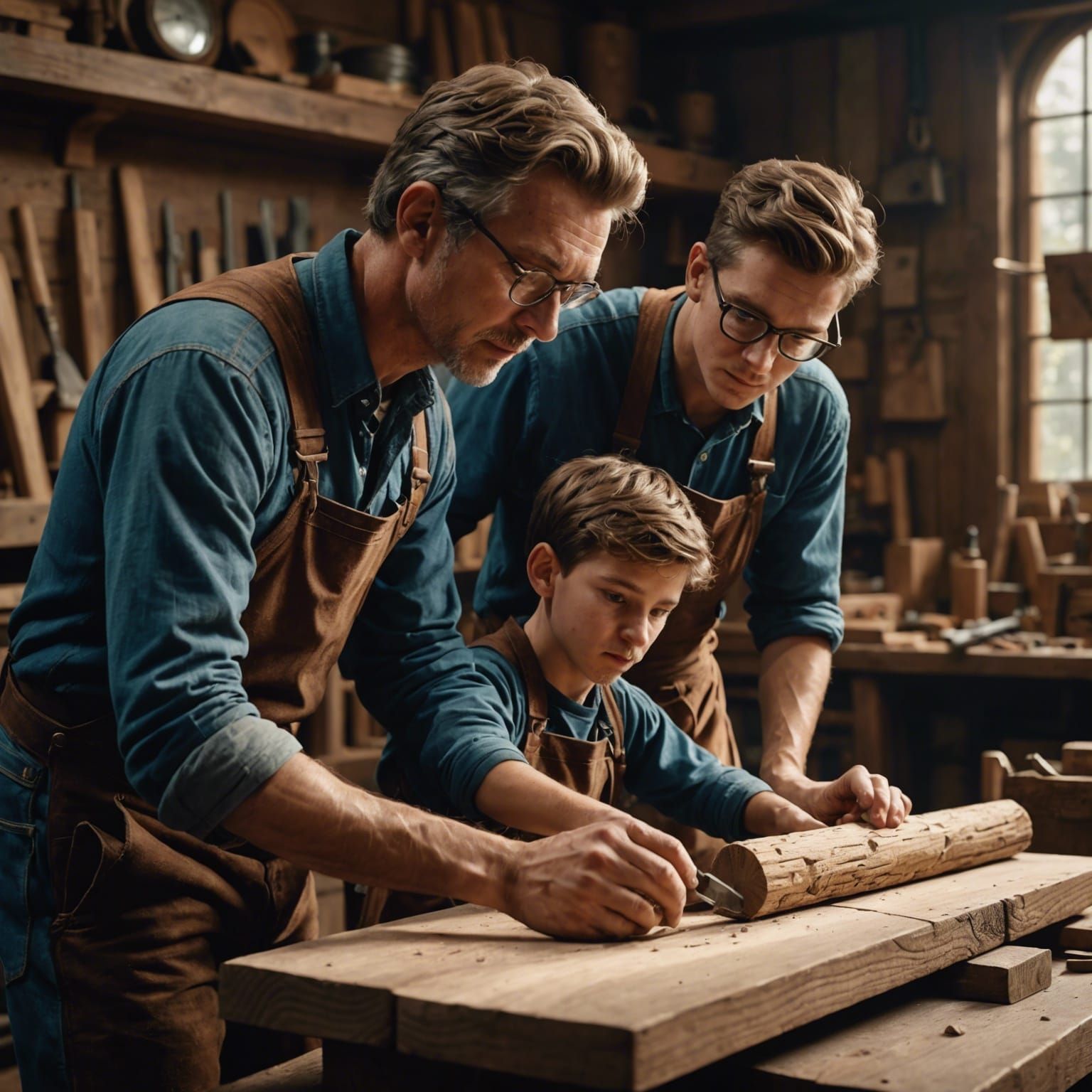 A carpenter passing on his knowledge to his sons  by @JB