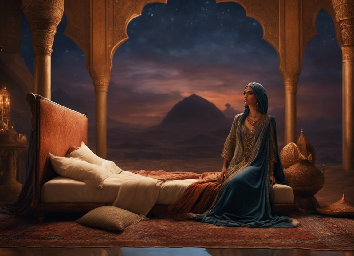 Sherazade telling the story of the Arabian nights to the monarch Shahryar,  classic Arabian art, detailed faces, no artifacts, sharp,very beautiful,  digital art, render, unreal engine, realistic eyes : r/dalle2