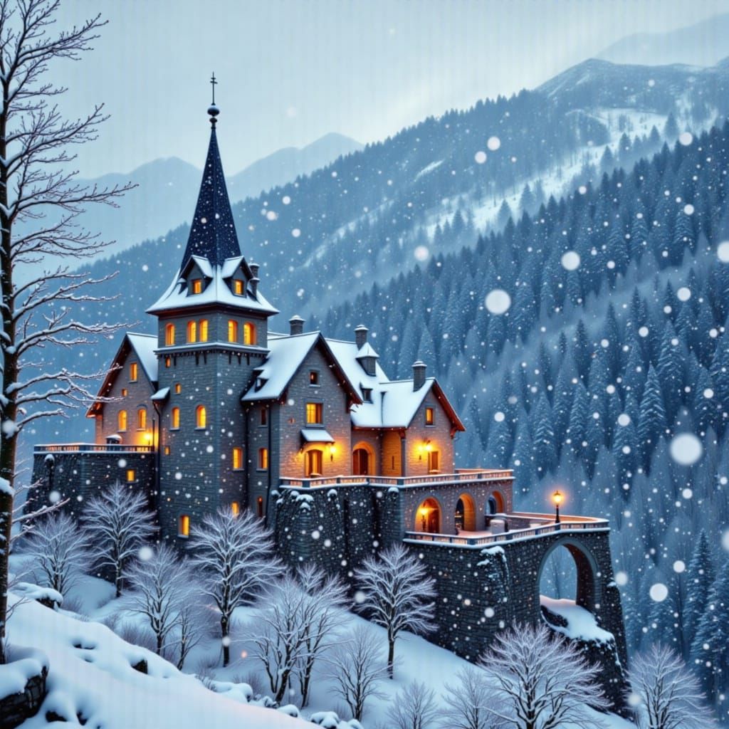 <lora:Snowfall Engine V1:1.0> <lora:Glimmernest V1:1.0> a beautiful old castle in the Bavarian Alps in middle winter, with snowfall, photore...