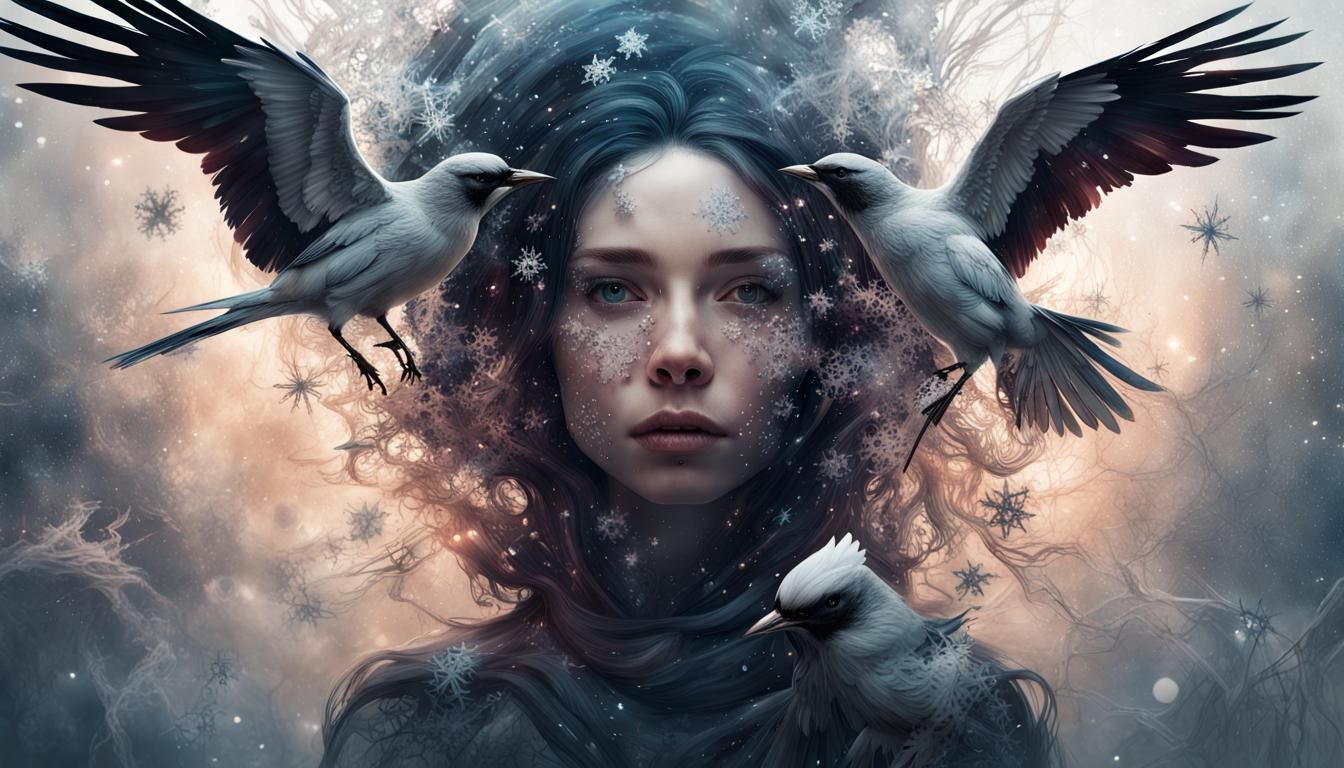  triple Exposure - "snowflakes, space, birds"
Medium: Ink on wood
(vivid, emotional, evocative, splintered)
by Bastien Lecouffe Deharme