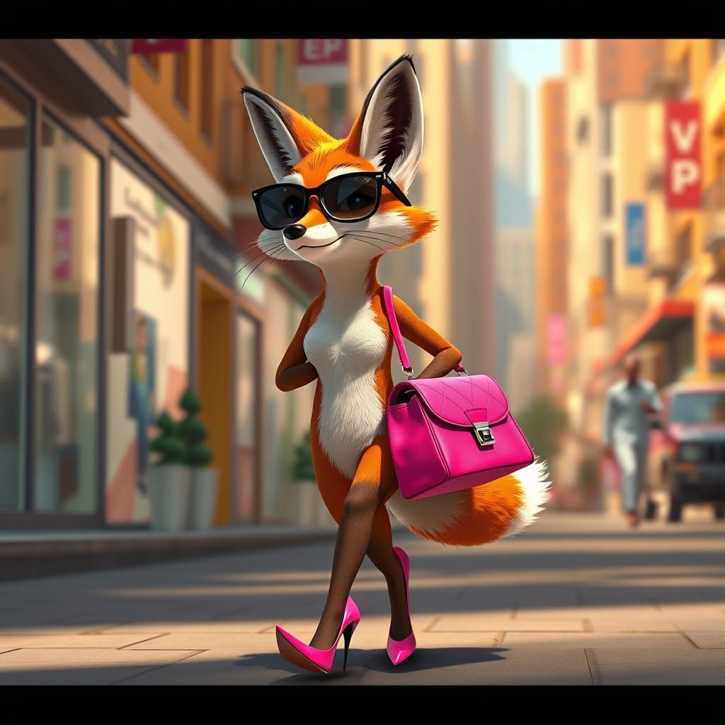 Stylish Fox in Sunglasses Carries Pink Bag in Urban Scene