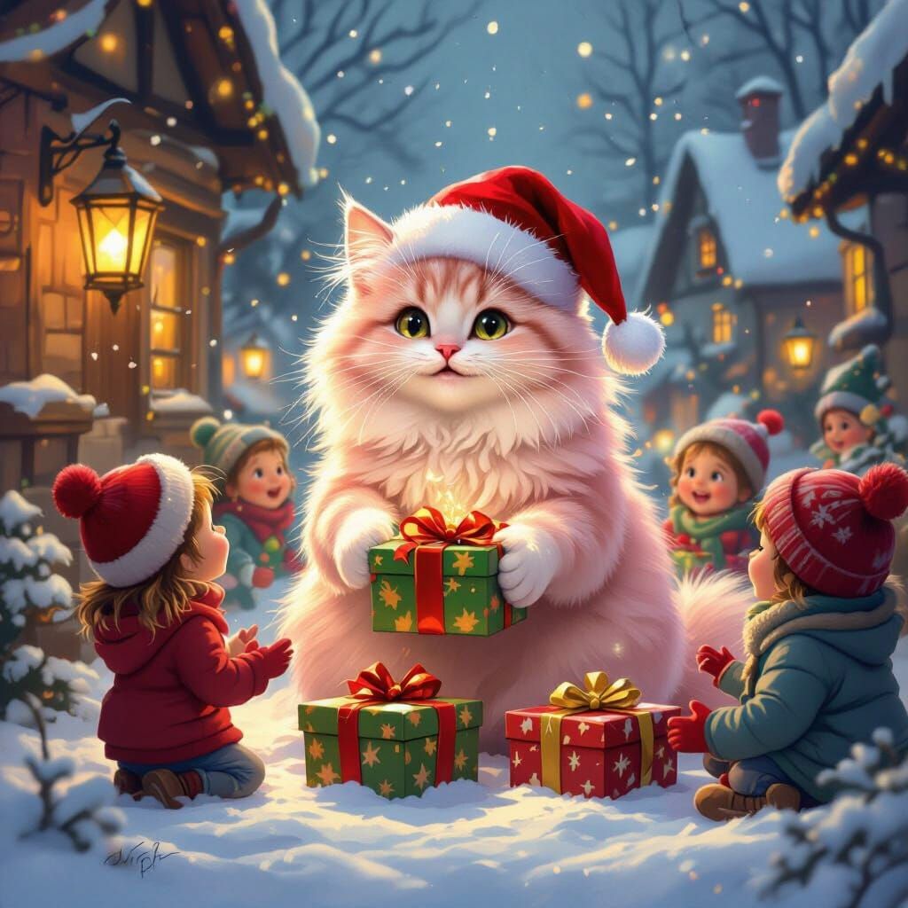 Pink cat with Christmas presents distributing it to poor children in poor villages 