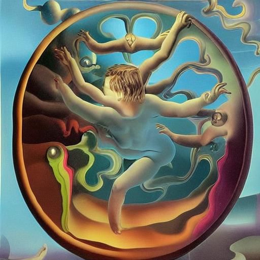 Elastic flora stretching and twisting in a vast surreal landscape. The sky above warps into metallic Rorschach patterns. Floating succubi ca...