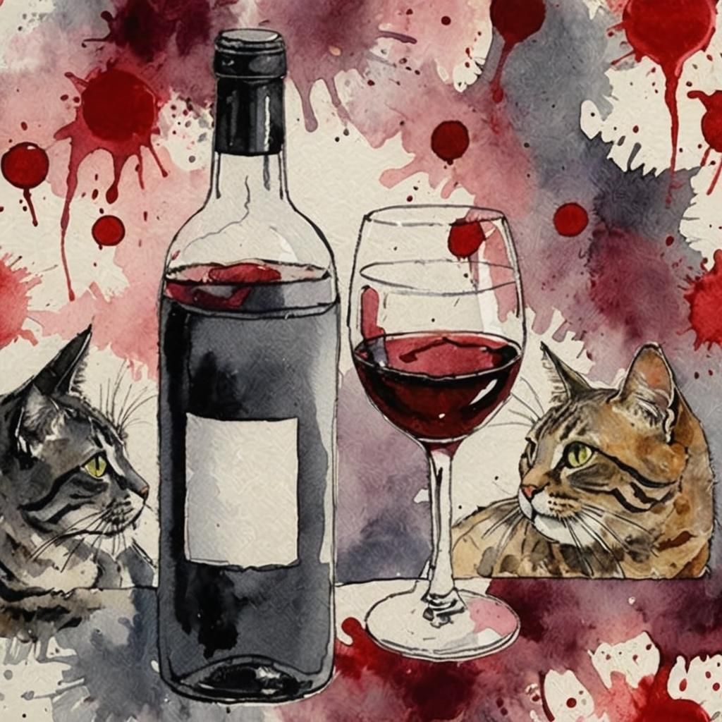 Two Cats and Red Wine in Watercolor Style