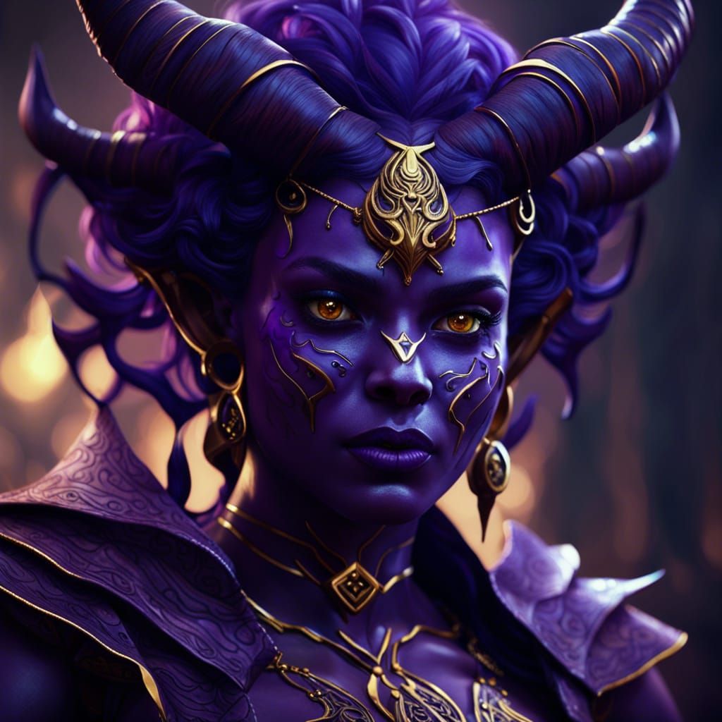 Purple skinned horned devil girl priestess with gold eyes  by @CommanderFuzBuz