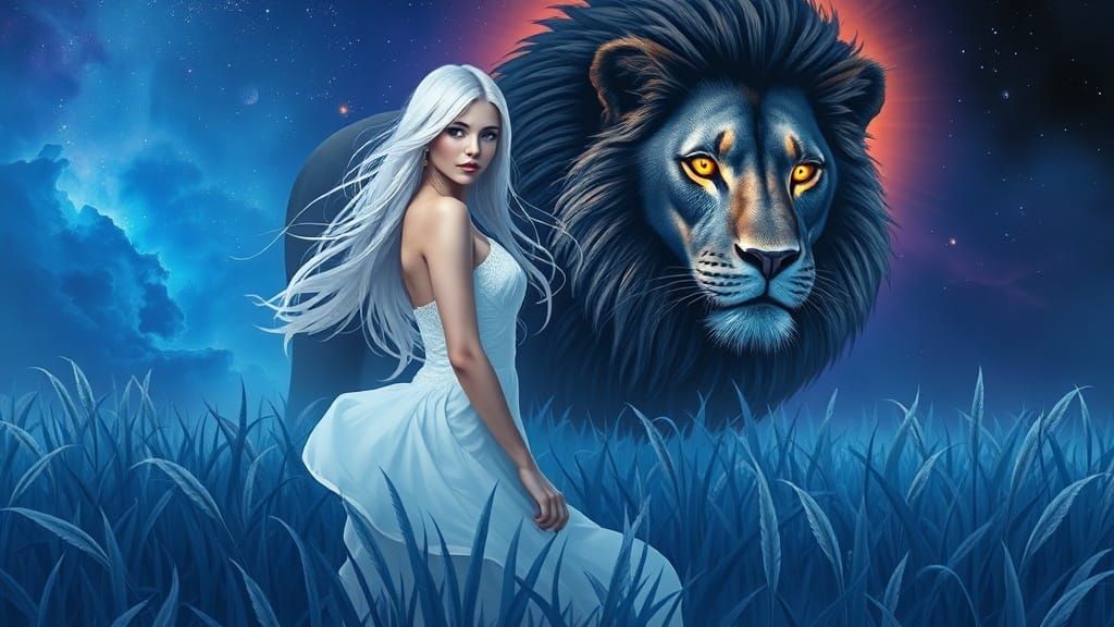A woman with pale skin and flowing white hair and dress stands in a field of tall blue and purple grass, her gaze directed towards the viewe...