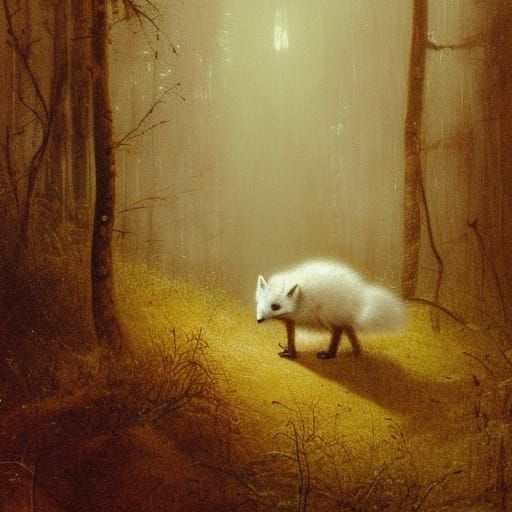 A small baby arctic fox wandering a forest at night