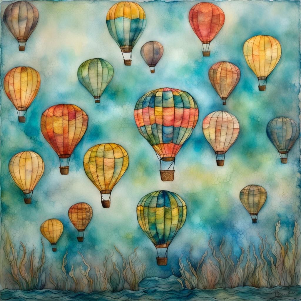 Underwater Hot Air Balloon in Encaustic Painting Style