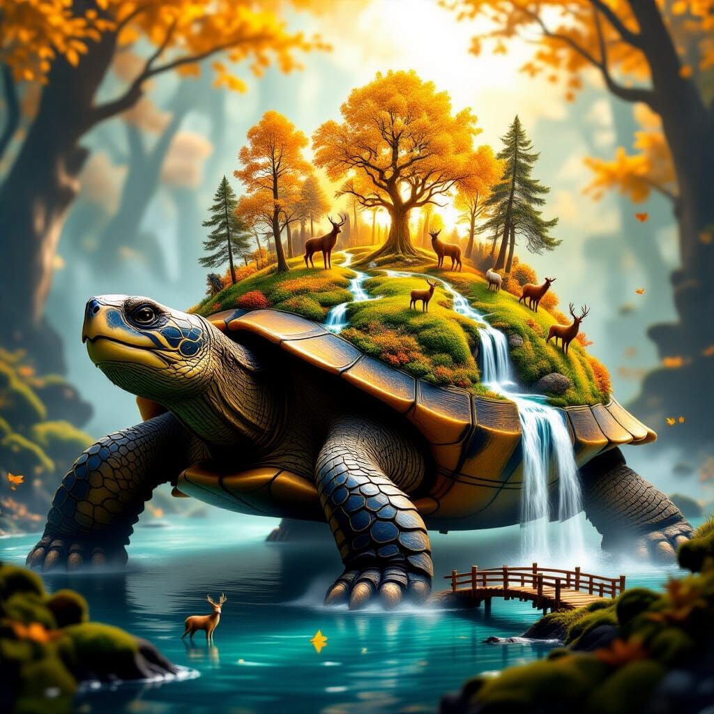 Ancient Turtle Island with Enchanted Autumn Forest