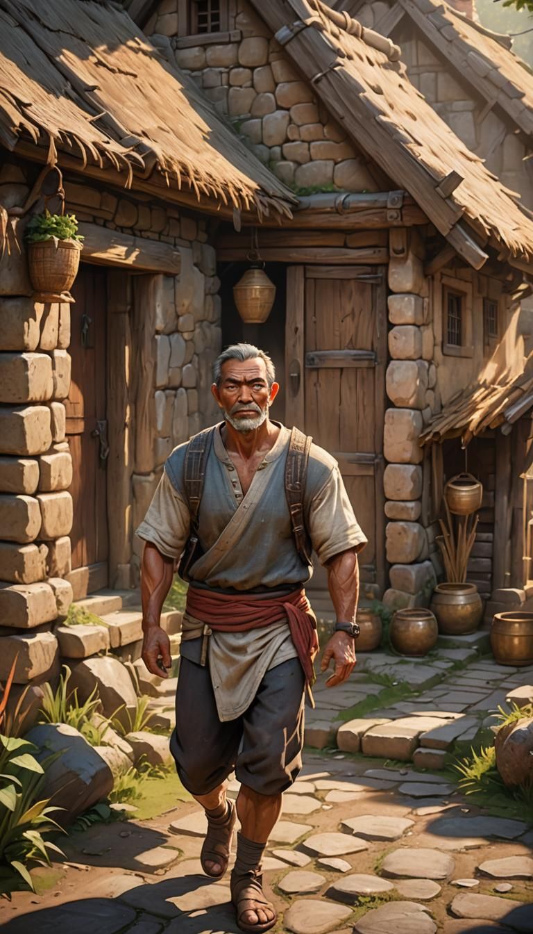 small village, villager, man, muscle,  sick, walking in vill...