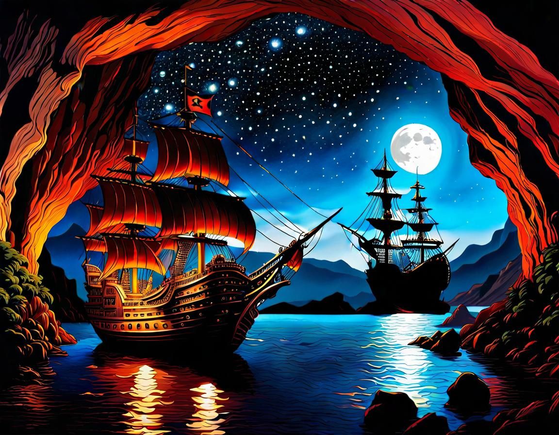 Fantastical Starry Night with pirates in cave looking out at pirates' ship-2948-AR-4:3...... .... ..... ...  by @Preppergal