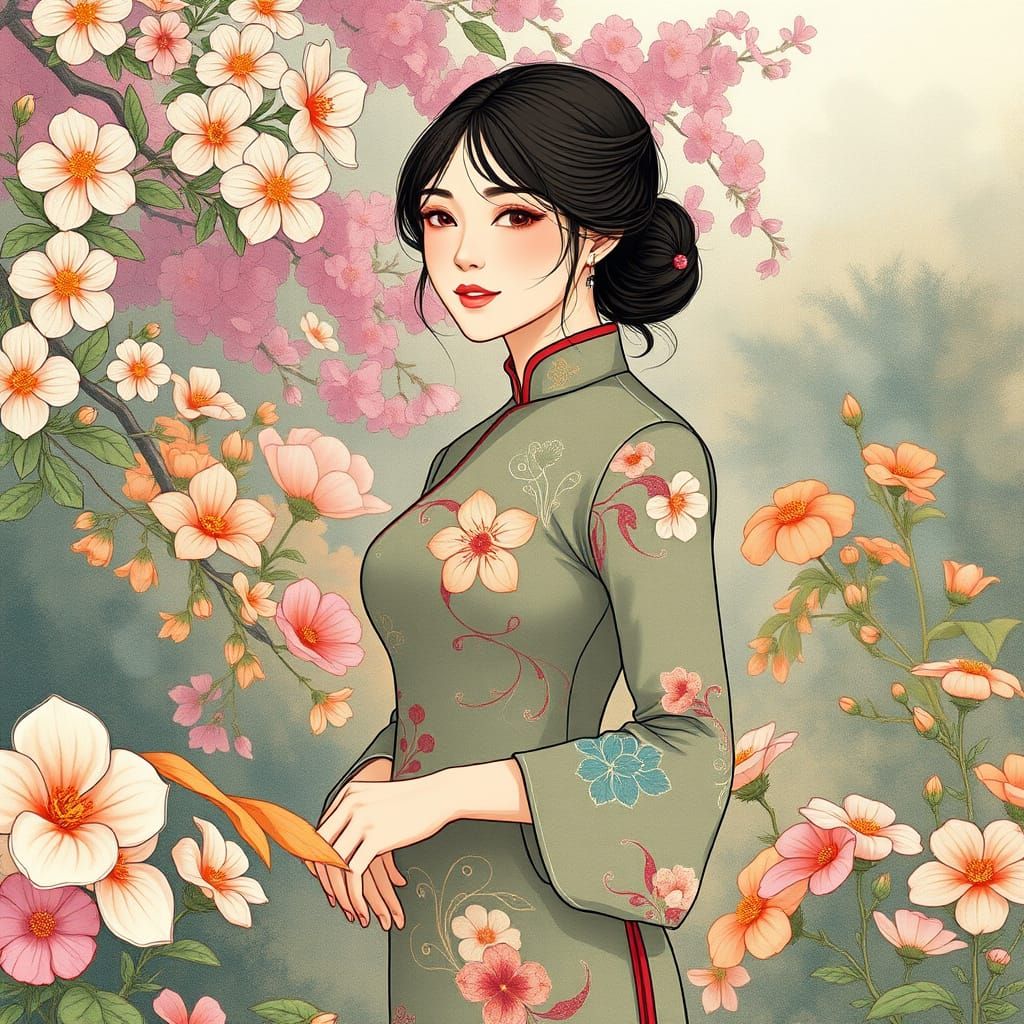 Woman in Cheongsam in Blooming Garden: Impressionist Style