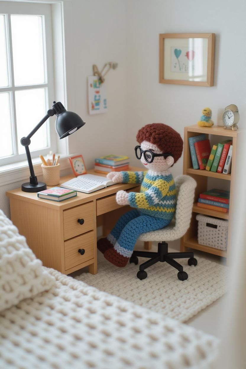 A miniature crochet bedroom setup with a little boy in glass...