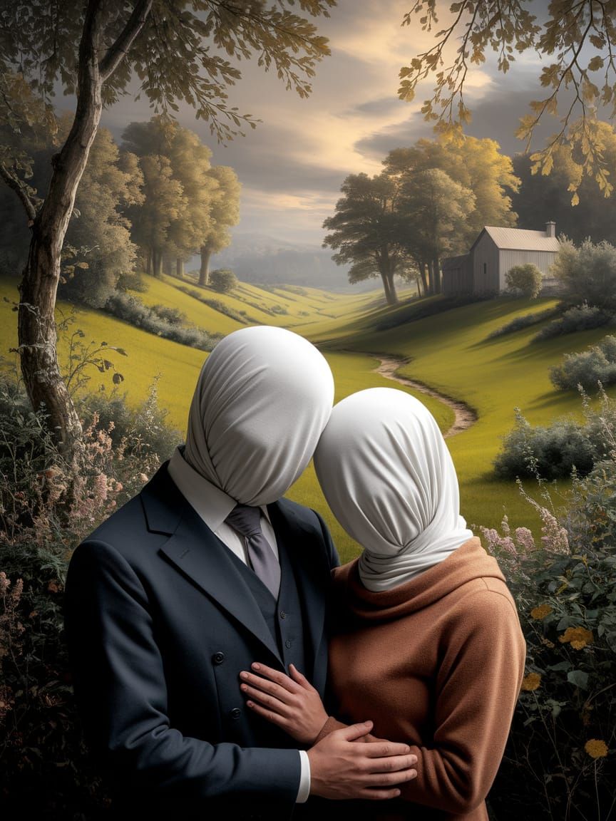 Mysterious Couple in Vermeer Style Landscape