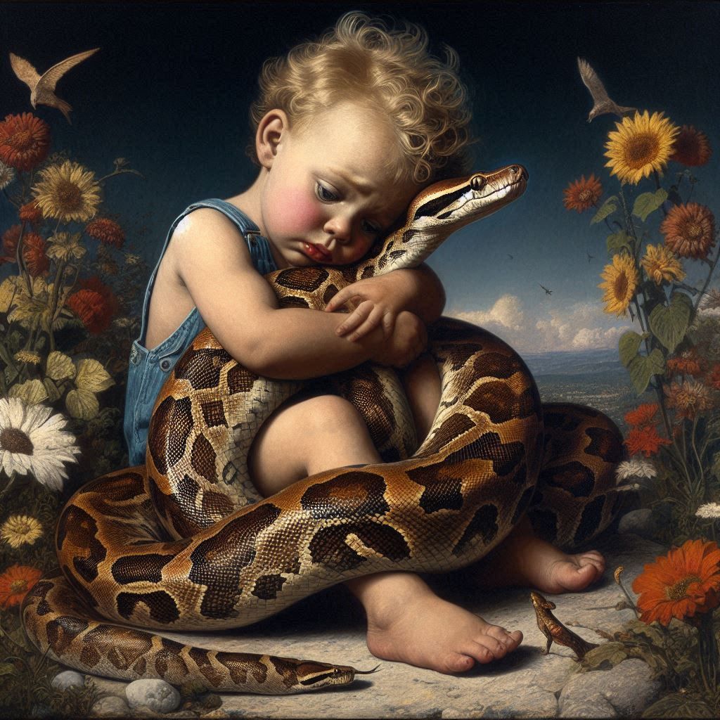 painting by Norman Rockwell and Giger, of a toddler hugging her pet boa constrictor