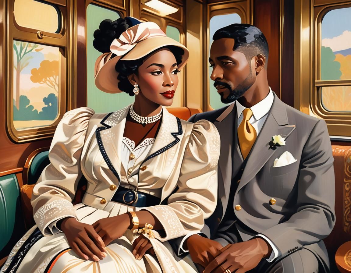 Whimsical folk art illustration of a well-dressed middle-aged black couple on the Orient Express