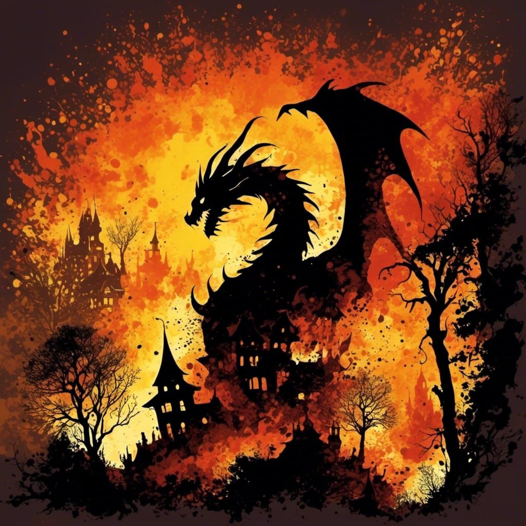Dragon Silhouette Village fire  by @BoratsChestHair