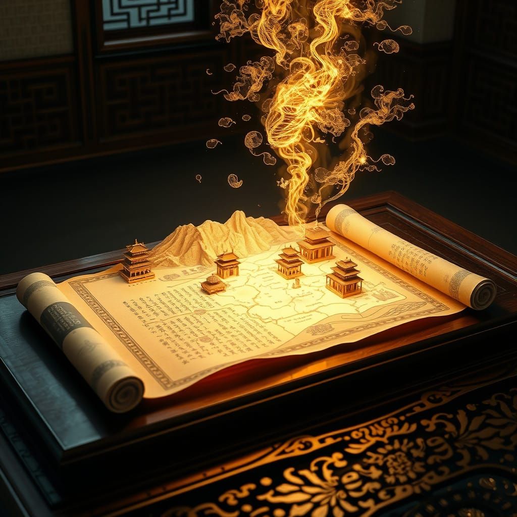 Ancient Chinese Scrolls Unfurled in Celestial Illumination