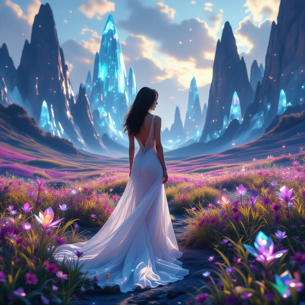 Asian Woman in Fantasy Landscape with Sheer Dress