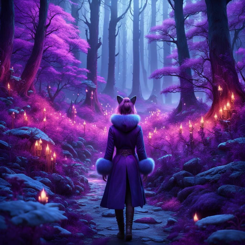 Women with fox tail in magic purple forest