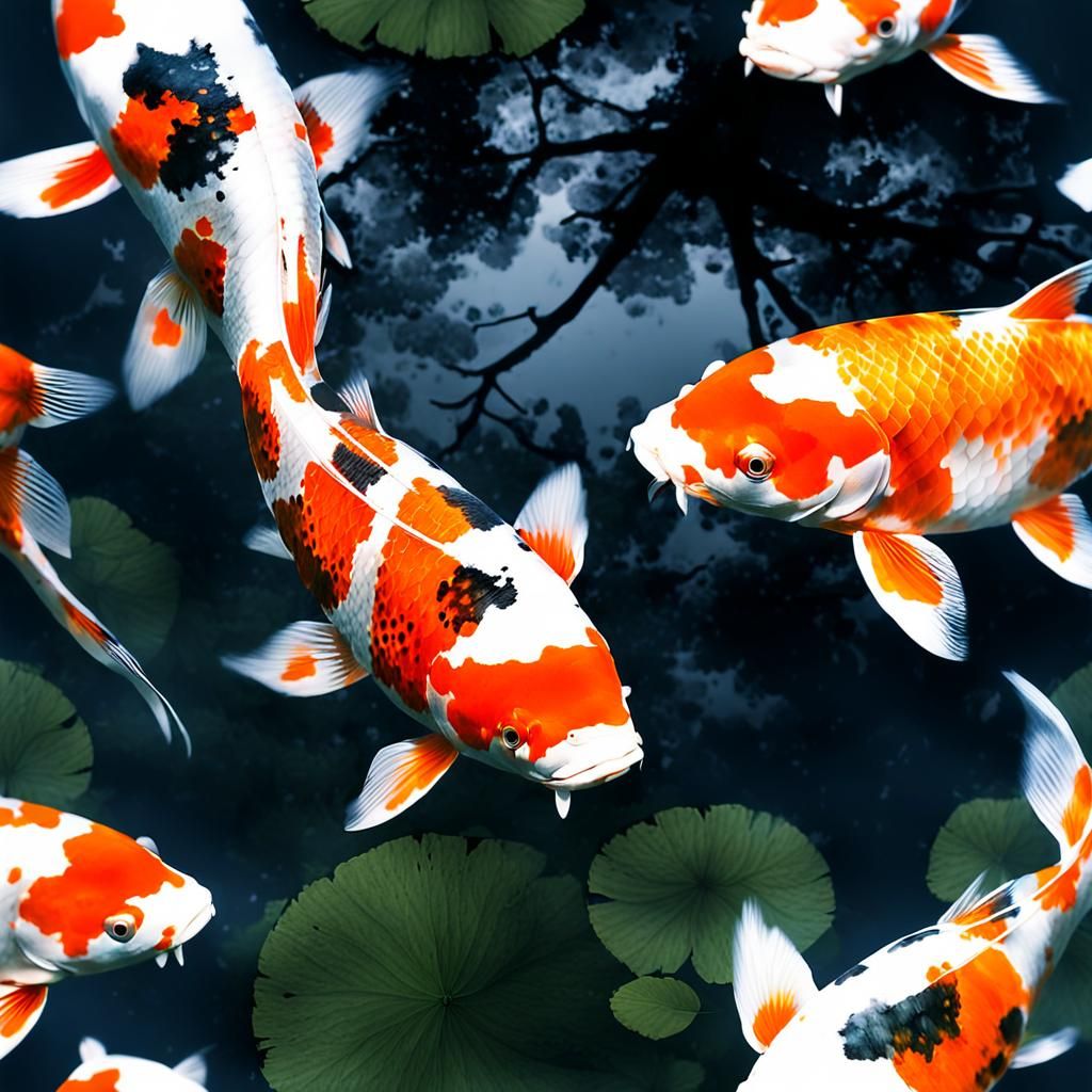 a koi fish, with a double exposure effect that merges the fish with a forest landscape. The koi itself exhibits vibrant ...