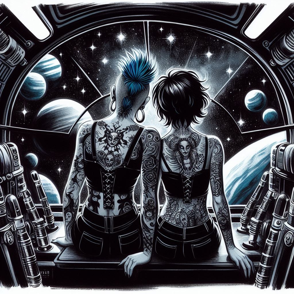 Gothic lesbian couple in the space