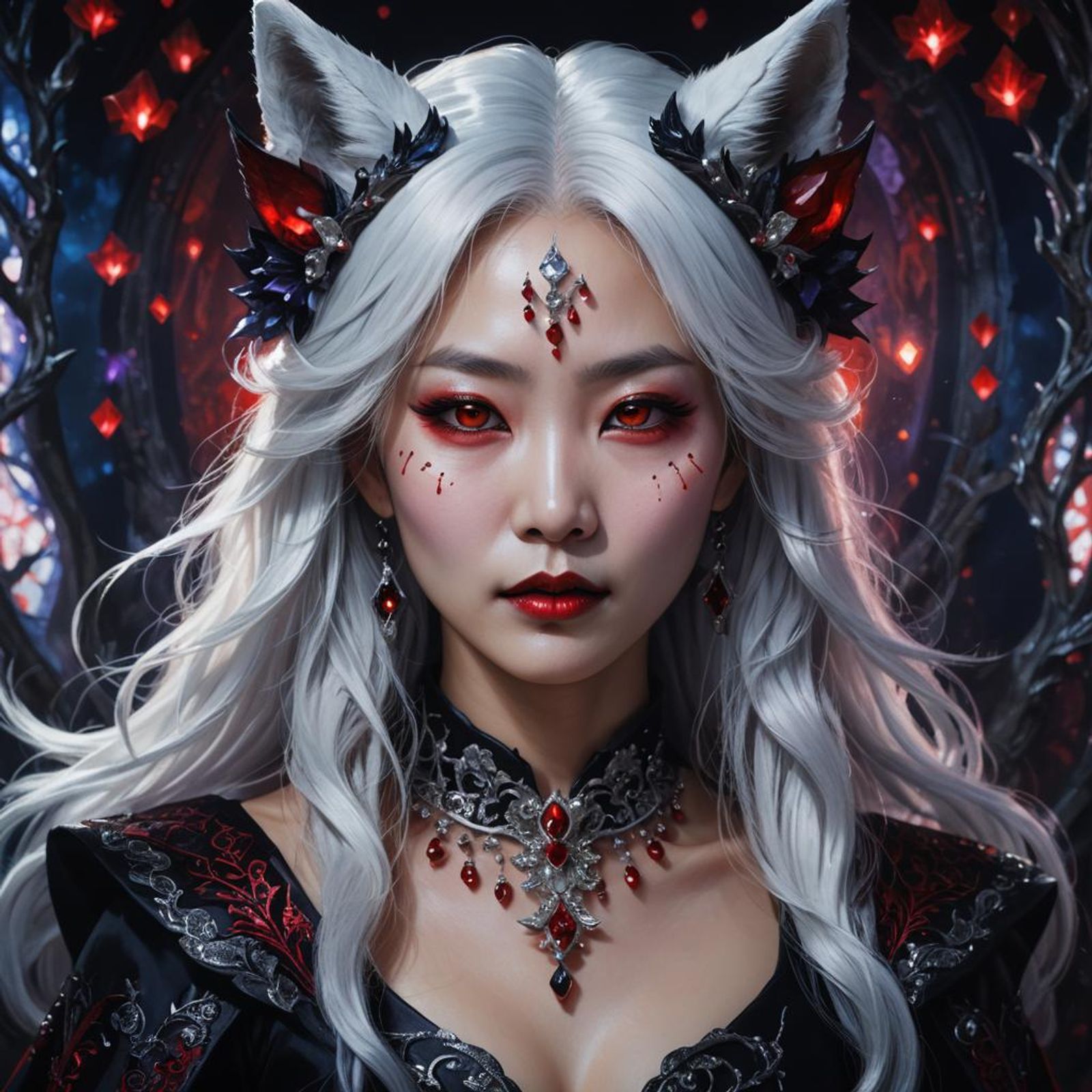 korean lady silver hair black dress red crystals white fox ears vampire