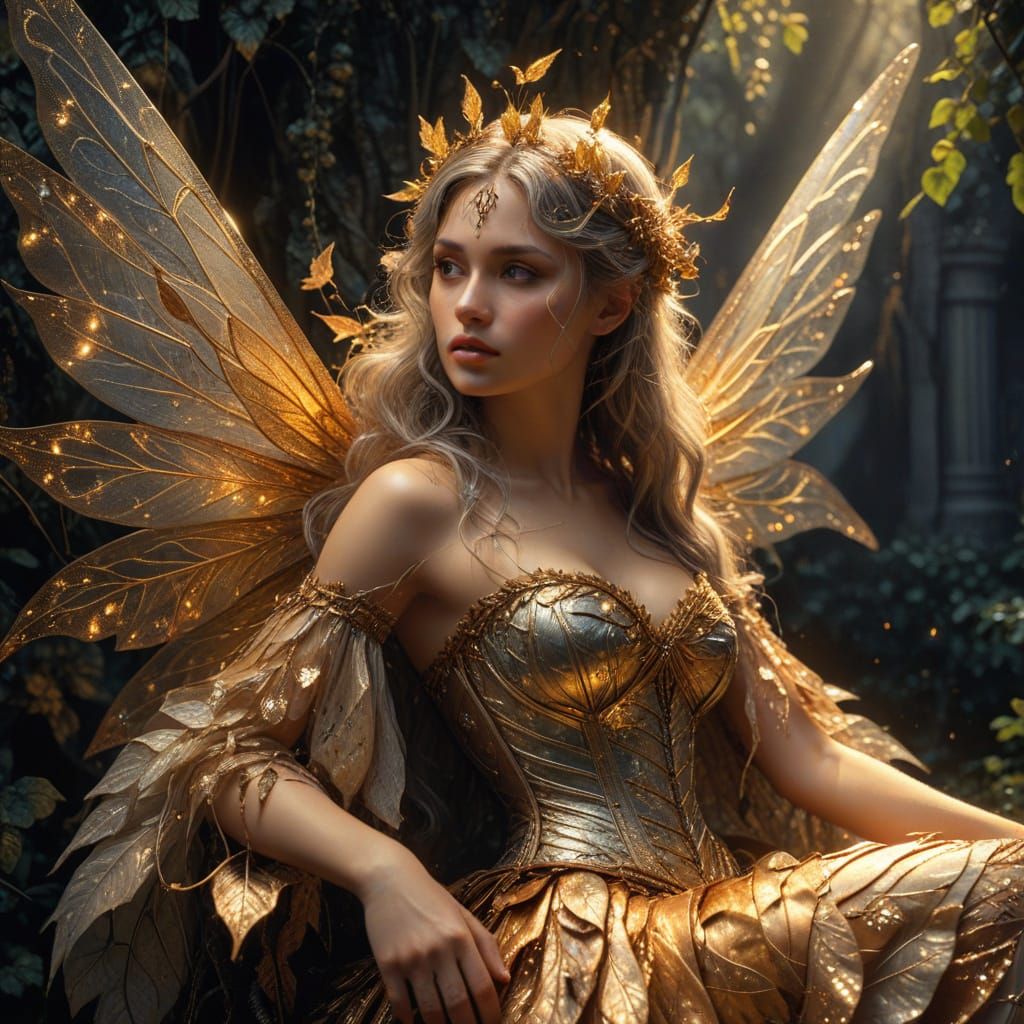 a hyper realistic and gorgeous fairy with shimmering wings and a sad face , wearing intricate corset leaf dress with vine weaving and mini f...
