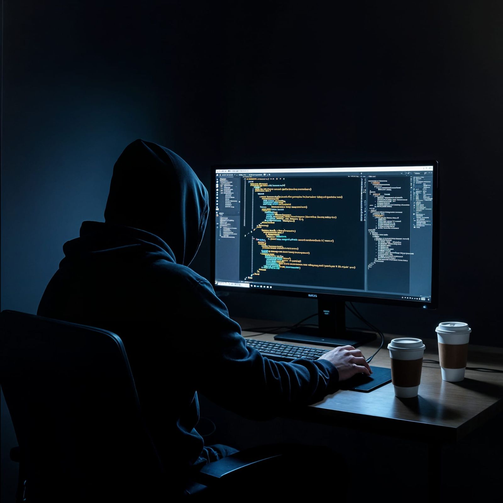 Hyperrealistic Hacker in Dark Room, Digital Painting