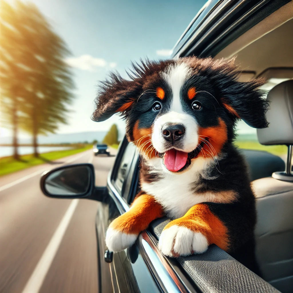A cute  BMD puppy in a car, looking out of the window while driving, his floppy ears fly in the wind