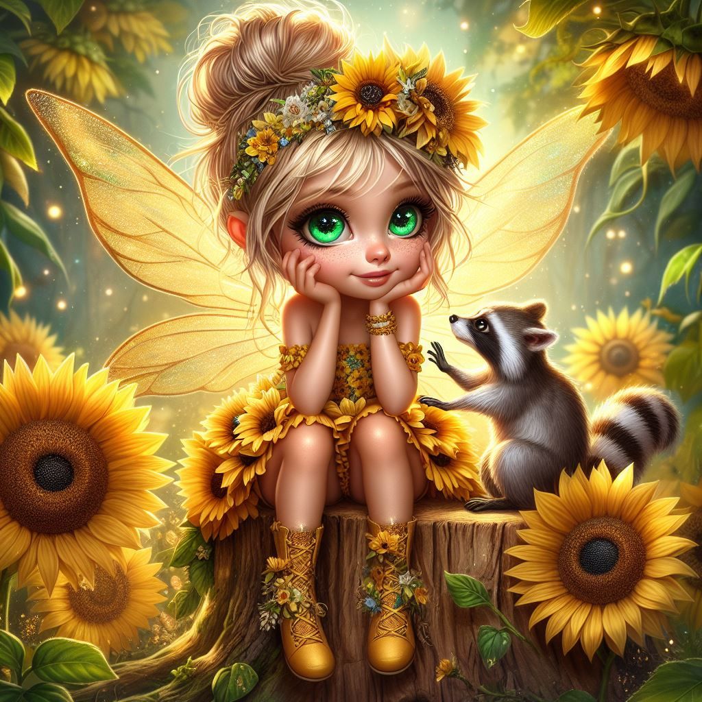 cute little yellow sunflower fairy with friendly Raccoon