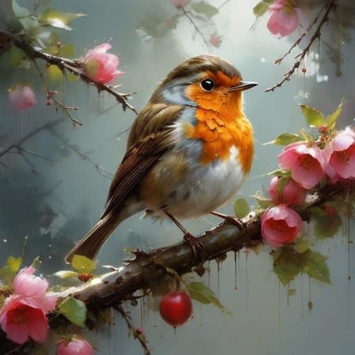 Robin on appleblossum tree   by @Superbear