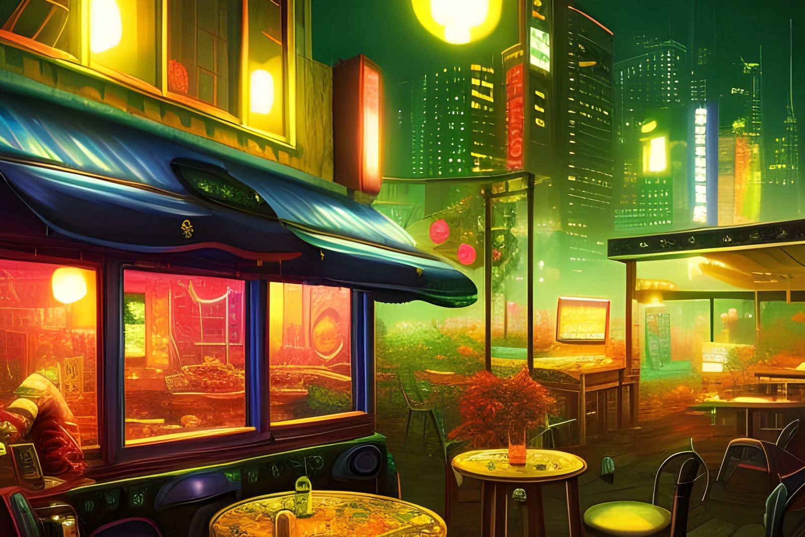 dreamy cafe at midnight with post-apocalyptic interior design, neon ...