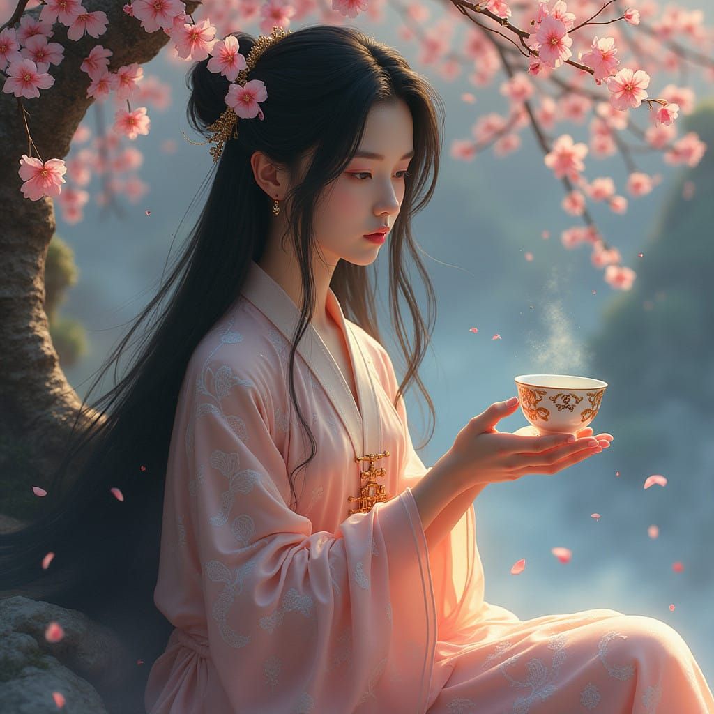 Ethereal Chinese Beauty in Dreamy Watercolor Style