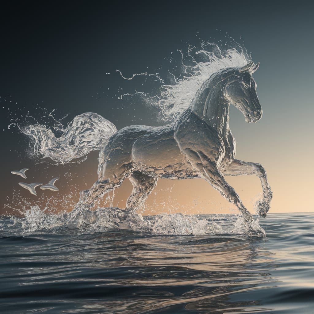 A magnificent horse, sculpted entirely from flowing water, gallops across an endless ocean, its translucent ...  by @FruitFan