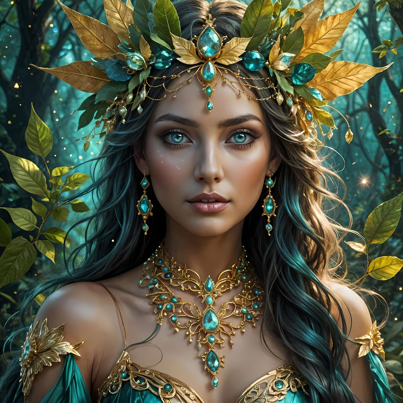 Mystical Fairy Goddess with Teal Eyes and Autumn Headdress