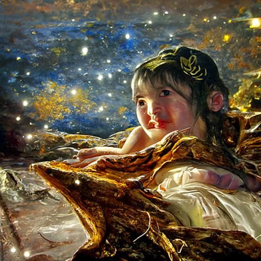 The beautiful child of the ancient basking in starlight