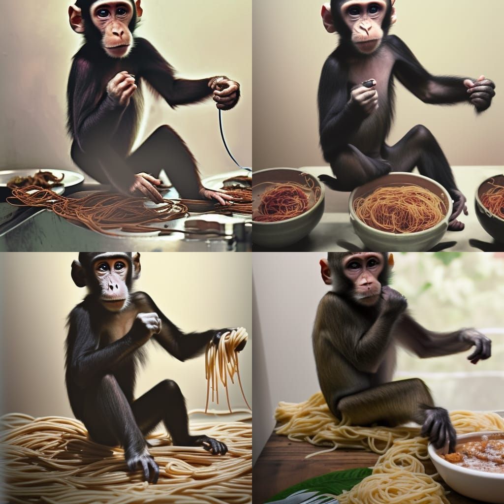 A monkey eating spaghetti
