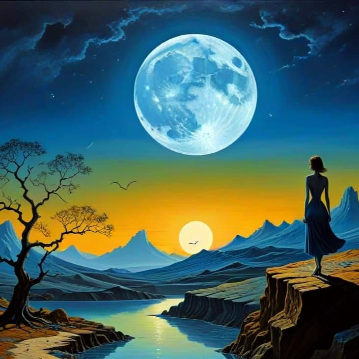 Surrealistic Landscape with Distant Female Silhouette in Vib...