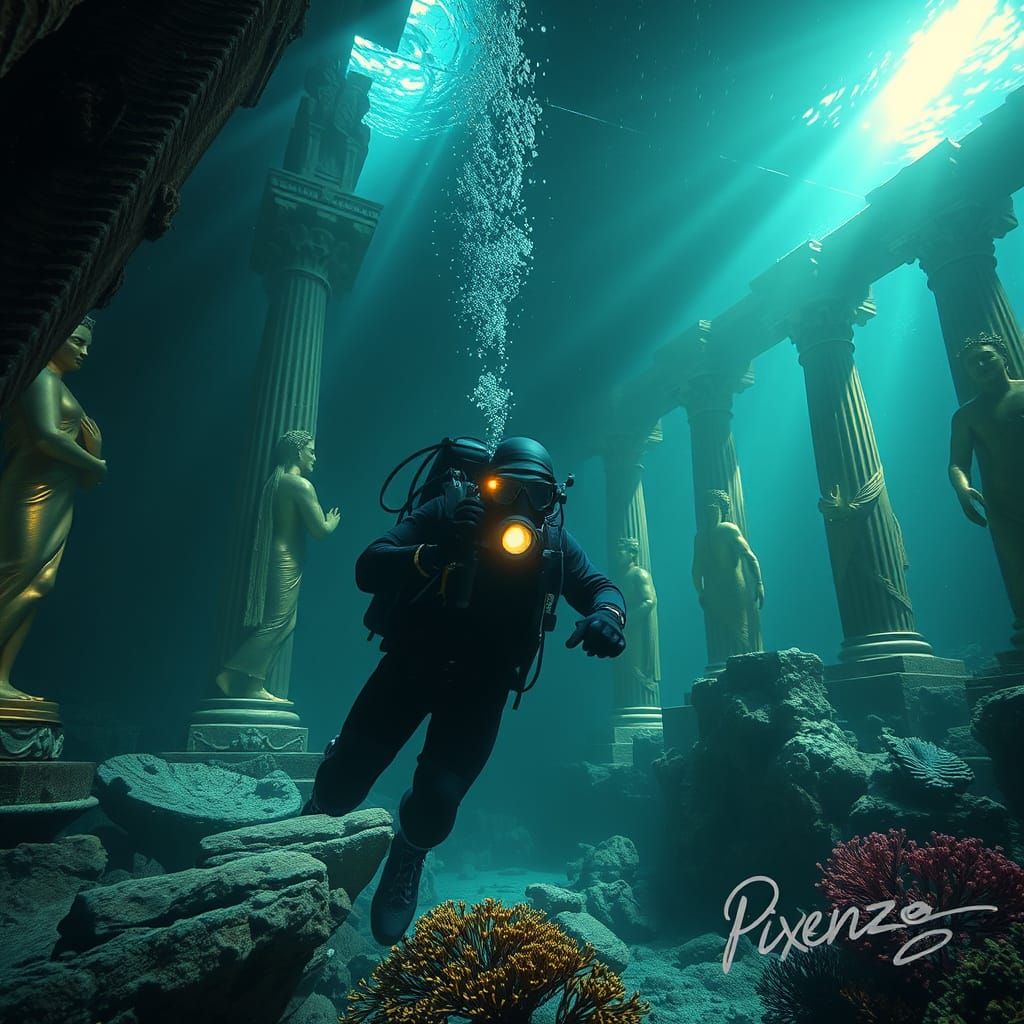 Scuba Diver Explores Sunken Ruins