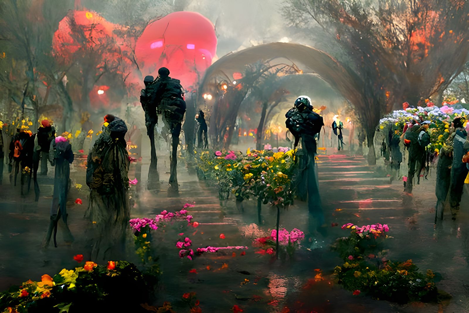 People walking through a rose garden