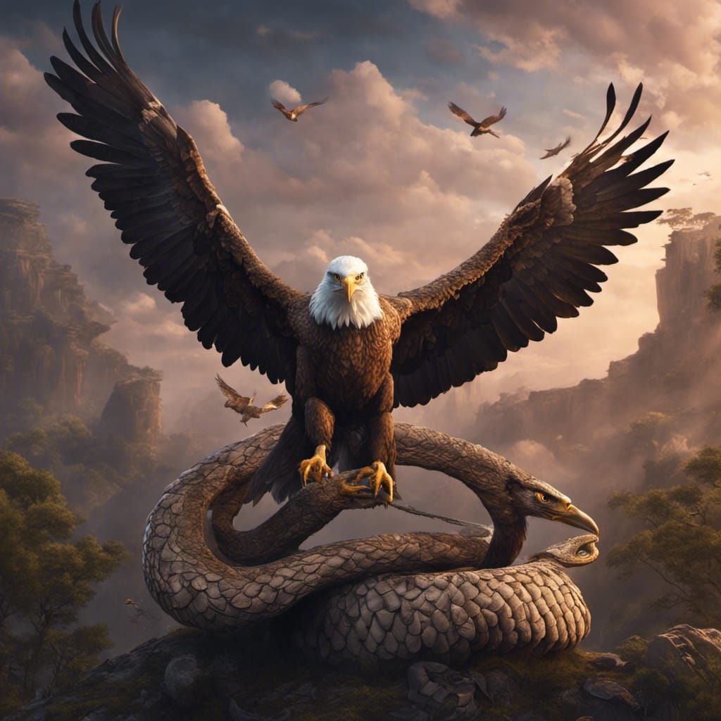 Eagle killing a snake wrapped around its feet

