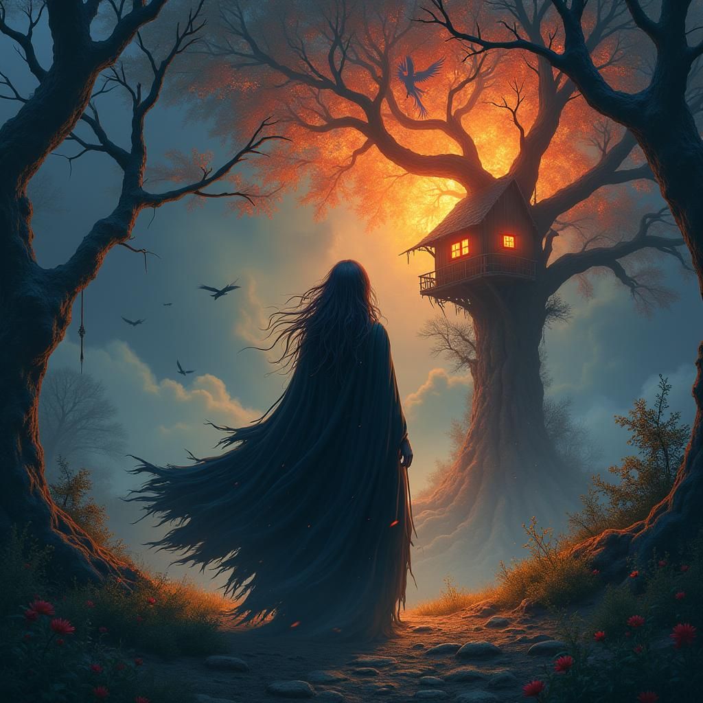 Mystifying Sorceress in Eerie Landscape with Fiery Phoenix