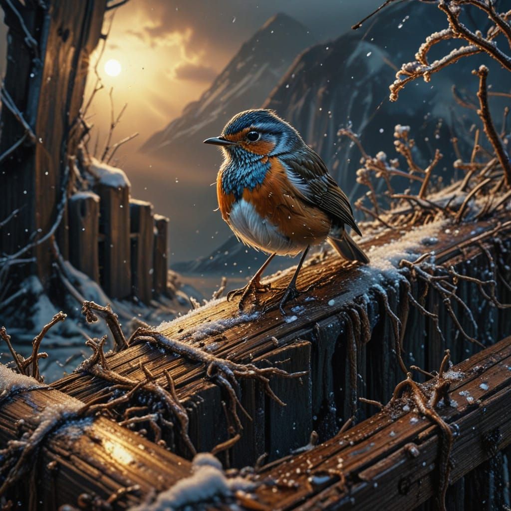 A serene, misty valley, Robin perched on a worn, rustic fence.  by @Margot