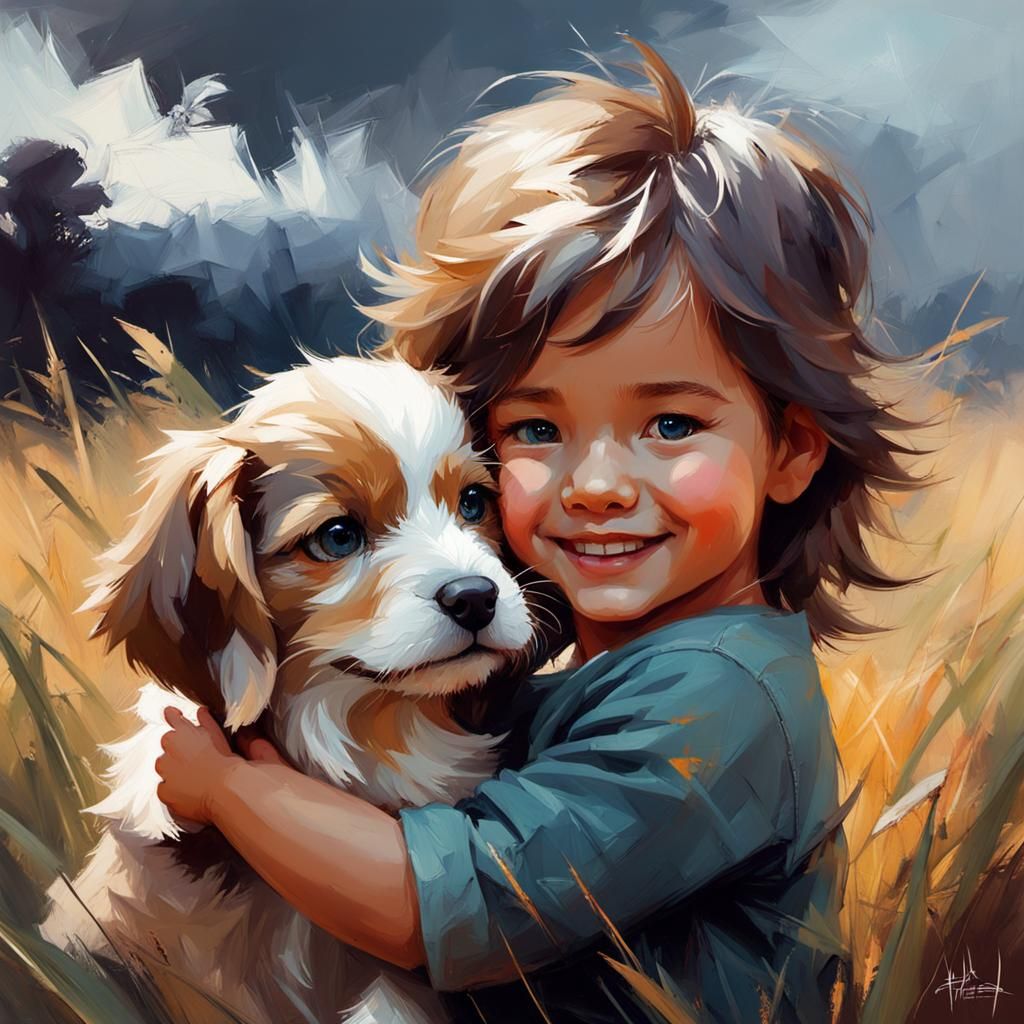 Toddler and Puppy: A Heartwarming Digital Art Illustration