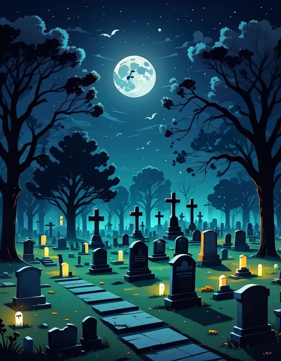 2d flat-style cemetery late at night in moonlight