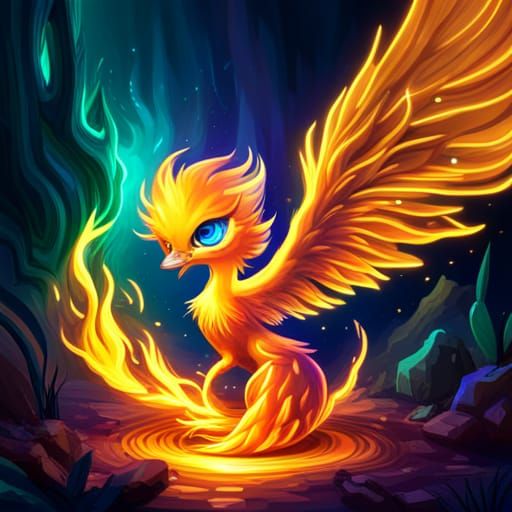 Luminescent neon a cute adorable baby phoenix made of crysta...